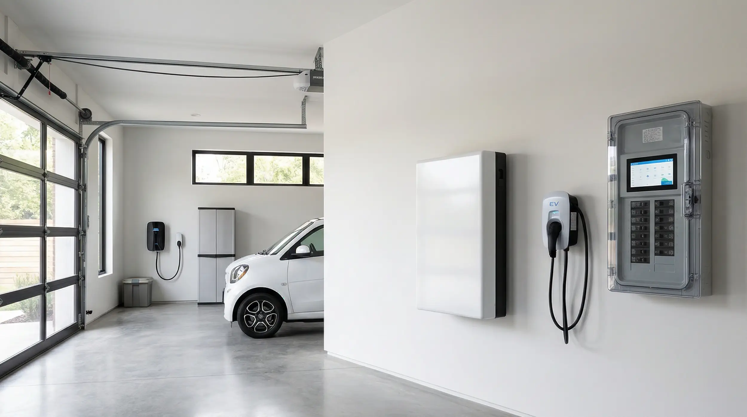 Batteria di accumulo al litio a parete accanto a un quadro elettrico smart in un garage moderno