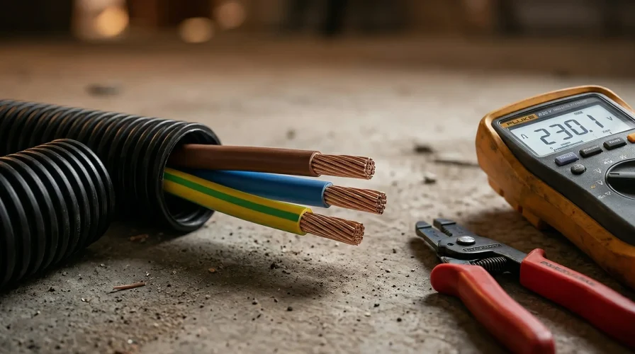 Cavi elettrici di grossa sezione e tubo corrugato nero per l'installazione della pompa di calore nel rispetto della norma CEI.