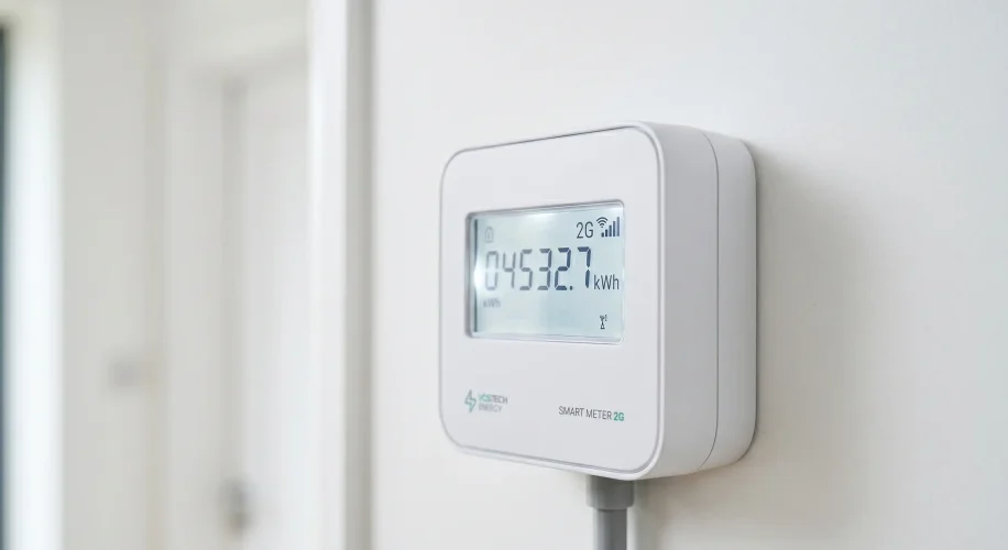 Dettaglio ravvicinato di un moderno contatore elettrico intelligente 2G montato su una parete bianca