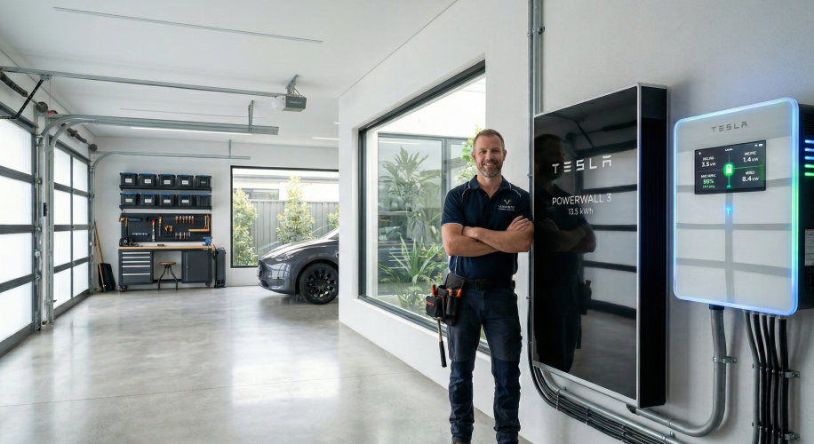 Elettricista professionista mostra orgoglioso una moderna installazione con sistema di accumulo a batteria e inverter ibrido in ambito residenziale