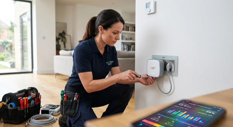 Elettricista professionista configura un dispositivo utente Chain 2 collegato alla presa di corrente, con uno smartphone che mostra un cruscotto dei consumi energetici in primo piano