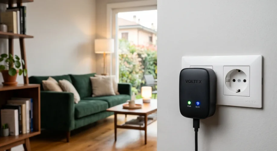 Dispositivo utente per la lettura dei consumi energetici inserito in una presa a muro, con spie LED accese