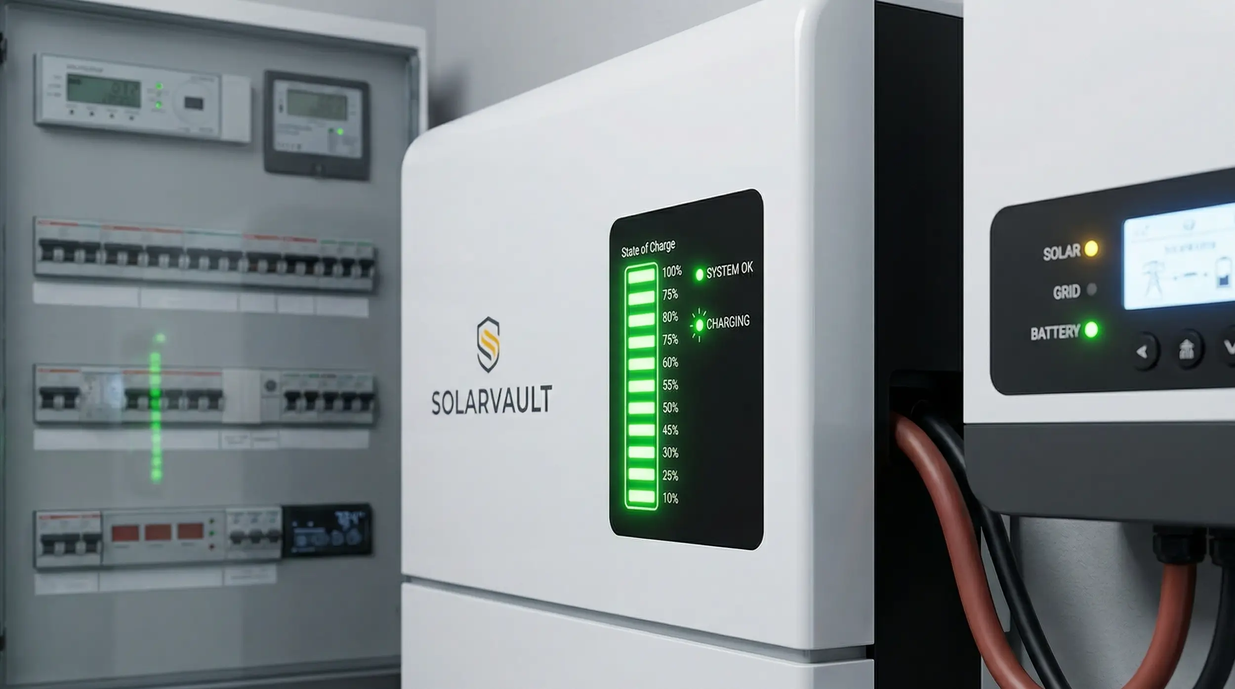 Elettricista professionista ispeziona un inverter ibrido e un sistema di accumulo a batteria