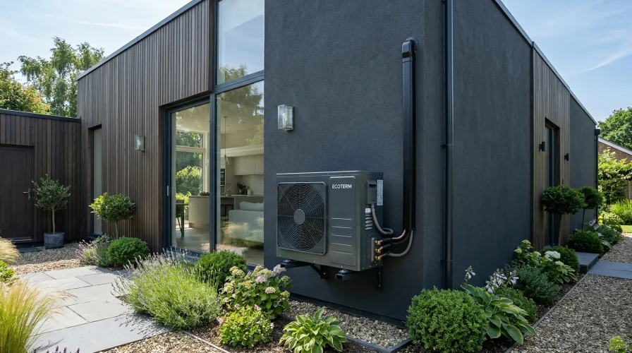 Unità esterna di una pompa di calore installata nel giardino di un'abitazione moderna.